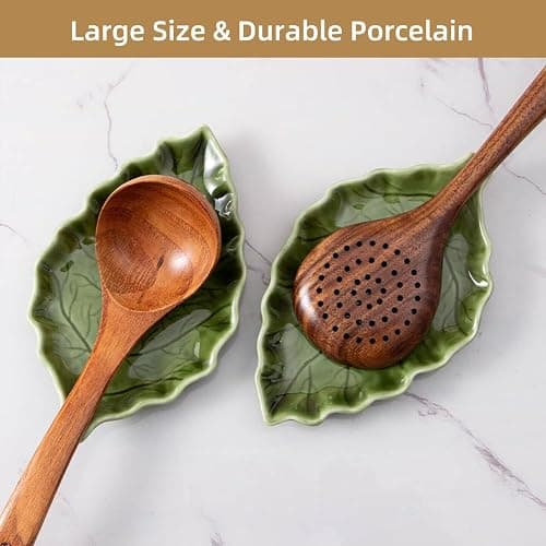 YumiPLUS Ceramic Leaf Shape Spoon Rest for cooking, Cute Green Cooking Spoon Holder for Stove Top,Large Porcelain Spatula Rest for Kitchen Counter, Farmhouse Kitchen Decor (green) thumbnail 5