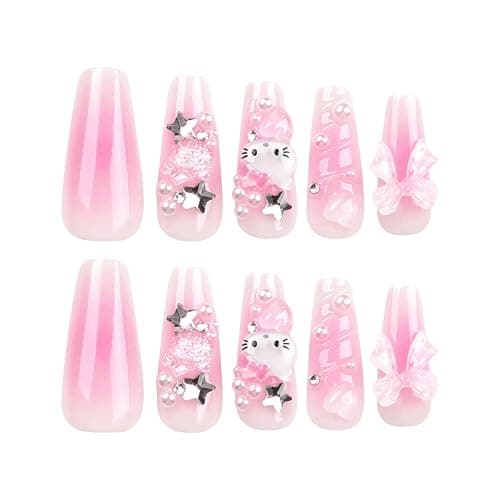 Long Square False Nails, French Press on Nails, Acrylic Stick on Nails, 24pcs Design Fake Nails with Glue Sticker for Women and Nail Tips Cool (Kitty-3, 24pcs) thumbnail 2