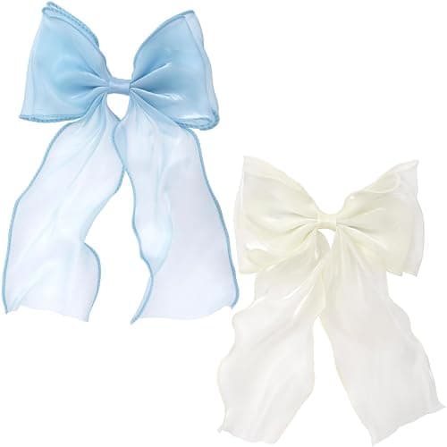STSTR 2Pcs Large Hair Bow Clips, Blue White Silk Yarn Ribbon Bow Hair Barrette for Women, Elegant Long Tail Bowknot French Hairstyles Accessories for Wedding, Parties, Festivals - Image 1