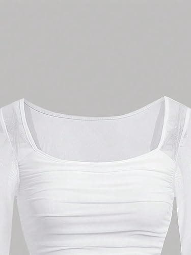 Floerns Girls Bell Long Sleeve Square Neck Asymmetrical Hem Mesh Ruched Crop Tops Tees thumbnail 2