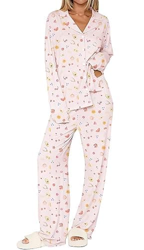 Womens 2 Piece Fruit Pajamas Set Cute Pjs Y2K Coquette Fall Sleepwear | Wide Leg Long Sleeve Pocket Button Down Lounge Set - Image 1