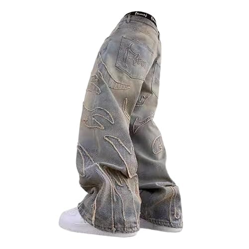 FEUSEUZ Y2K Men's Street Retro Hip-hop Flame Splicing Wide Leg Gothic Loose Jeans - Image 1