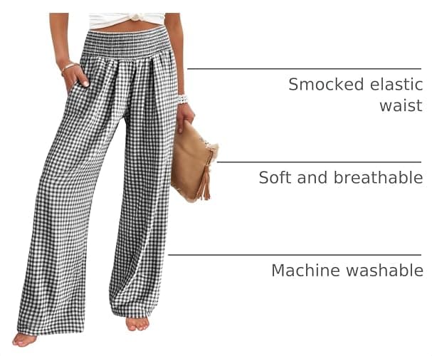 ANRABESS Womens Striped Gingham Wide Leg Palazzo Pants with Pockets | Smocked High Waisted Pajama Pants, Lounge & Casual, Fall Spring Summer Loungewear, Cute Pj Pants thumbnail 4