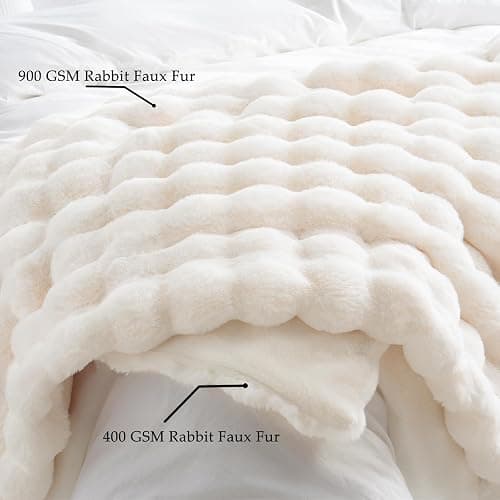 BENVWE Faux Fur Throw Blanket for Couch - Thickened Fluffy Soft Bubble Blanket for Living Room Home Decor - Mothers Day Birthday Gifts for Women Men, Cream White, 50" x 60", 1300GSM thumbnail 4
