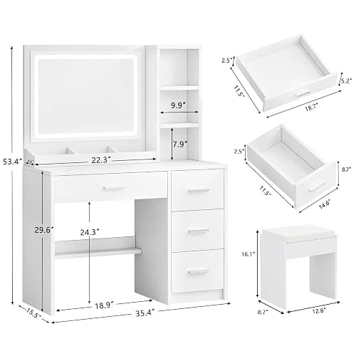 OTOQS Vanity Desk with Mirror and Lights, 4 Drawers & Benches Vanity Desk Set, 3 Color Lighting Modes Adjustable Brightness Vanity for Bedroom Makeup Table thumbnail 2