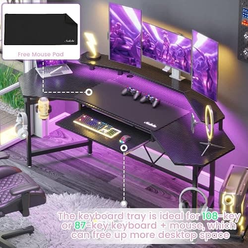 Sedeta Gaming Table with LED Lights, L-Shaped Keyboard Tray & Monitor Stand, Headphone Hooks, Cup Holder, Black thumbnail 5
