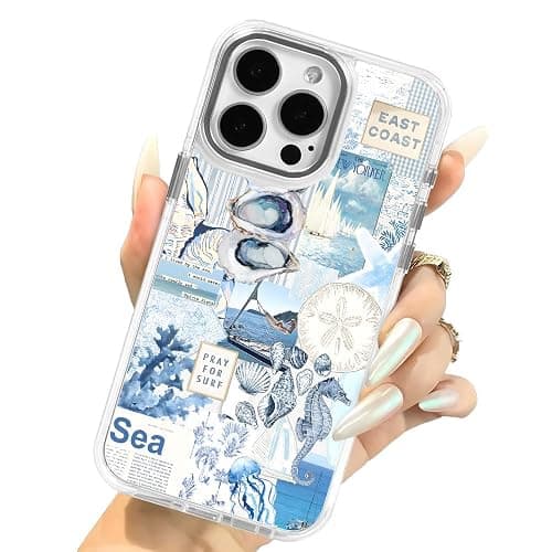 TnXee Cases for iPhone 15 Pro,Compatible with MagSafe,Classic Clear Shockproof Protection Magnetic Phone Case - Seashell Ocean Blue Retro Collage thumbnail 5