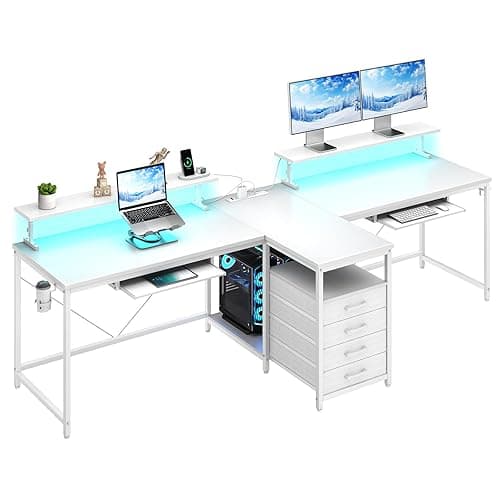 DOMICON 2 Person Desk with Power Outlet & LED Lights, Extra Long 94.5 Inch Double Person Computer Desk with Storage Shelves,Keyboard Tray and Monitor Stand for Home Office, T Shaped Gaming Desk - White