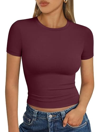 Trendy Queen Womens Short Sleeve T Shirts Summer Crop Tops Basic Slim Fit Gym Workout Y2k Clothes - Image 1