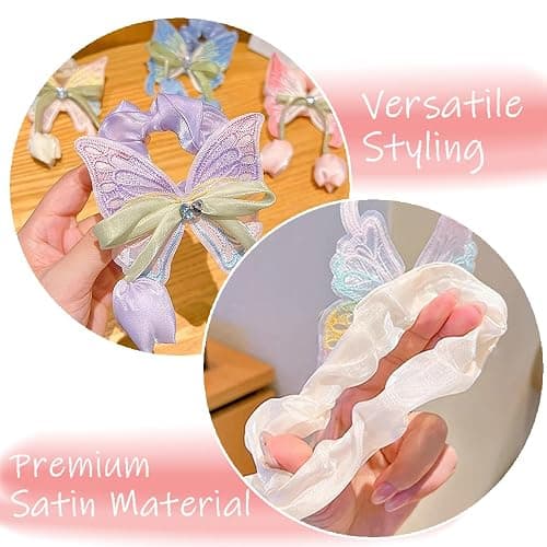 Ouliget Butterfly Satin Scrunchies,Cute Elastic Toddle Hair Ties with Bows and Flowers Colorful,Creative Hair Ties Ponytail Decorative Headwear for Christmas Party Decoration thumbnail 4