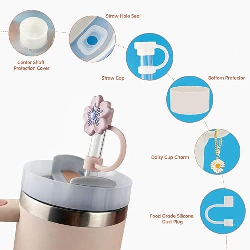 Velaco 9 PCS Accessories for Stanley 30/40 oz Tumbler, including Spill-Proof Stopper Set, Straw Toppers, Silicone Cup Boot, Keychain Charm - White thumbnail 6
