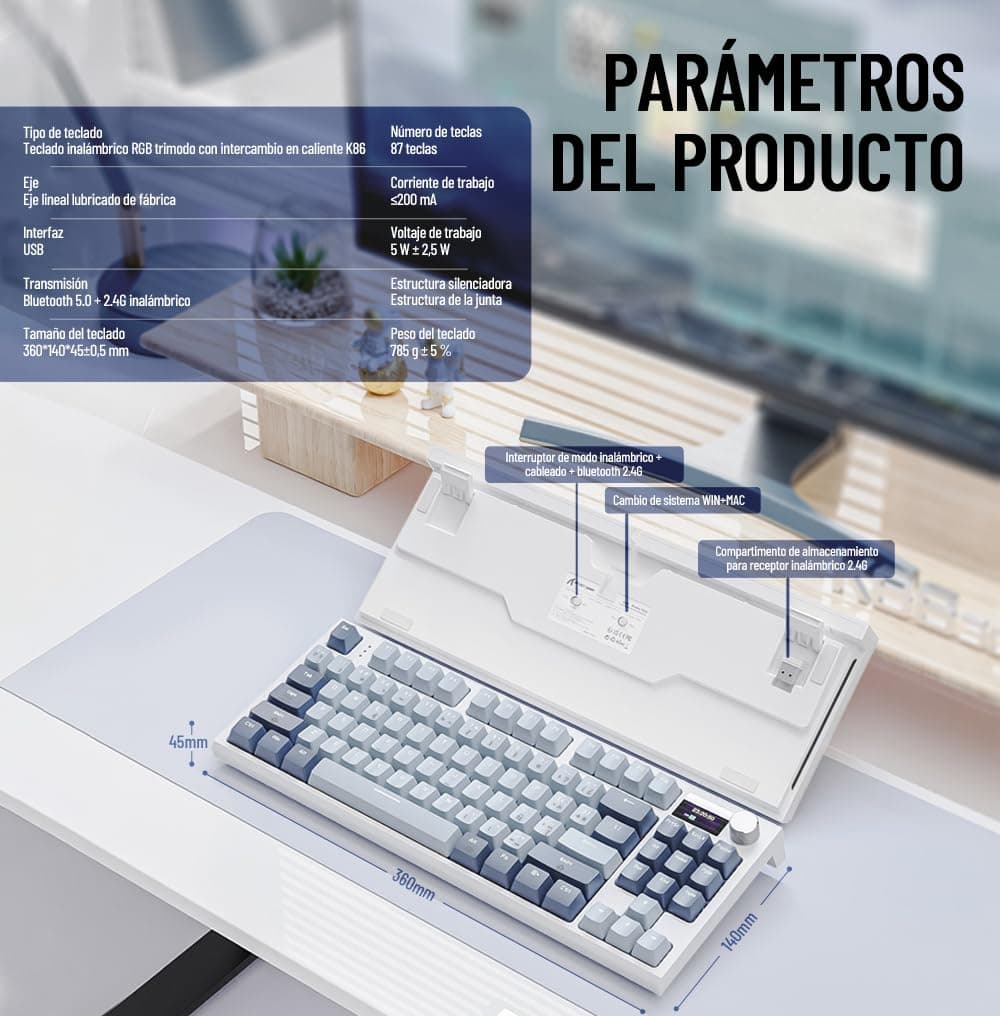 ATTACK SHARK Teclado Mecánico Español K86, RGB Teclado Inalámbrico con Led Pantalla, USB-C/2.4ghz/Bluetooth 3 Modes Hot-Swap Teclado Gamer, Gasket Teclado Interruptores Lineales - Azul thumbnail 7