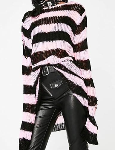 Vinsekep Women's See Through Hole Ripped Striped Long Knit Pullover Dress Sweaters Shirt thumbnail 6