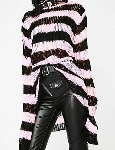 Vinsekep Women's See Through Hole Ripped Striped Long Knit Pullover Dress Sweaters Shirt - One Size - Black&pink thumbnail 5