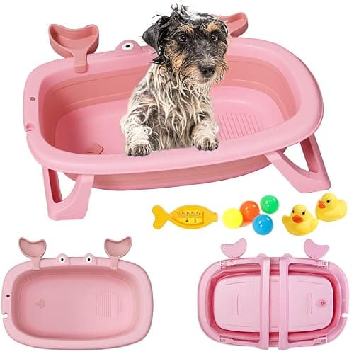 Dog Bath Tub with Dog Toys Pet Bathtub, Portable Puppy Bathtub for Easy Baths and Easy Storage, Dog Bath Tubs for Small Medium Pets-Foldable Pet Shower Tub with Drainage Hole, 26.5 x 17.2 x 7.8In,Pink - Image 1