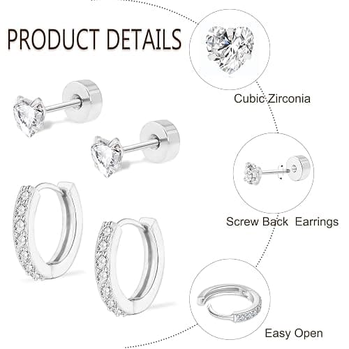 DAILI Flat Back Earrings,Surgical Steel Screw Back Earring,Hypoallergenic Silver Huggie Hoop Earrings Sets for Women Men, Titanium CZ Stud Earrings for Cartilage,Helix,Tragus Piercing Jewelry thumbnail 4