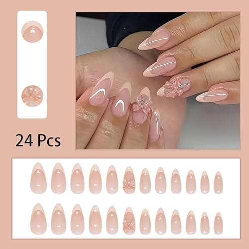 24pcs French Tip Press on Nails Medium Almond Fake Nails with Charms Designs Bow False Nails Stick on Nails Full Cover Glossy Artificial Nails for Women Girl Nail Decoration Supplies thumbnail 2