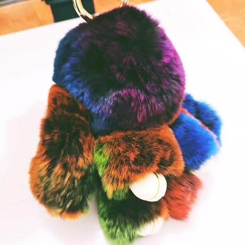 jtkdxqs Soft Cute Bunny Keychain Artificial Rainbow Rabbit Fur Plush Fluffy Pom pom Key Ring for Women thumbnail 4
