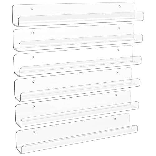 upsimples 6 Pcs 12" Clear Acrylic Shelves, Small Shelf for Wall Display | Narrow Floating Shelves for Nail Polish, Vinyl Wall Mount, Record Holder, Magazine Rack, Comic Display, Picture Ledge Shelf - Image 1