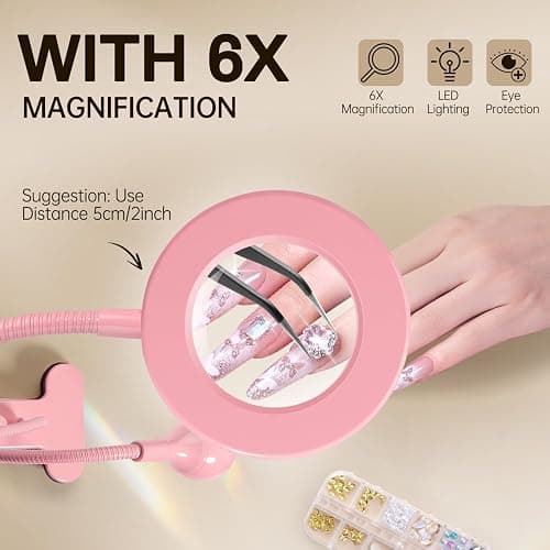 AORAEM LED UV Nail Lamp with Double-Head and 6X Magnifier, Pink | Gooseneck Lamp for Gel Nails, Flash Cure Lamp for Home DIY Salon thumbnail 3