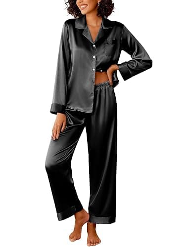 Ekouaer Womens Silk Satin Pajama Sets 2 Piece Sleepwear Pjs Set Long Sleeve Button Down Top and Pants Stripe Loungewear S-XXL - Image 1