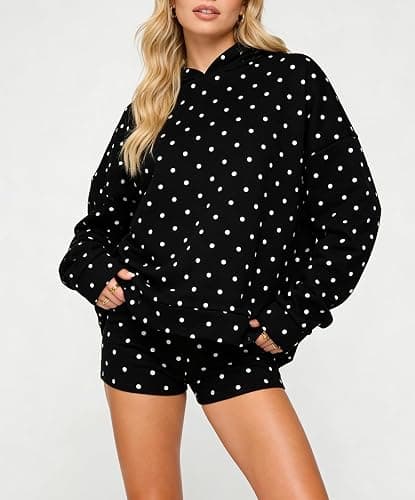 Morlaeley Women Polka Dot Hoodie Shorts Set Long Sleeve Oversized 2 Piece Sweat Set Casual Y2k Sweatshirt Matching Sets thumbnail 2