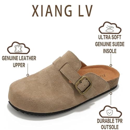 XIANGLV Women's Suede Clogs Leather Mules Comfort Cork Footbed Sandals Potato Shoes with Arch Support thumbnail 3