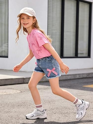 Azmxynol Kid Girls Clothes Outfits Bowknot T-Shirt + 2 In 1 Denim Short Skort Summer Clothing Set, Size 4-10 Years thumbnail 3
