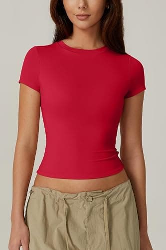 QINSEN Women's Crew Neck Short Sleeve Double-Layer Tops Basic Slim Fit Going Out T Shirt thumbnail 2