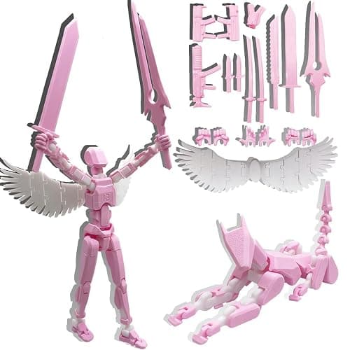 masijssa T13 3D Action Figures Set Titan 13 Action Figure Dummy 3D Printed Robo Multi-Jointed Movable Toy with Full Articulation for Collectors Desktop (Assembly Completed Pink White Figure + Dog) - Image 1