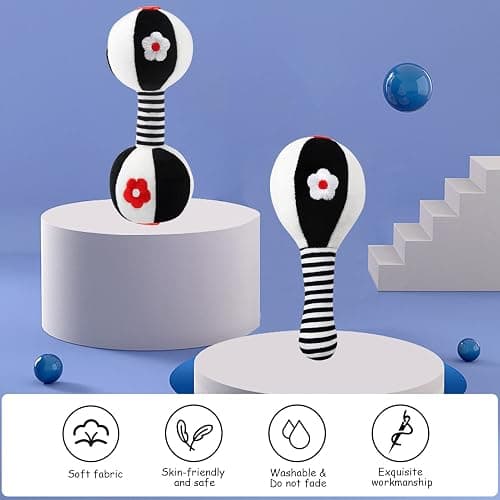 JoyLife Jouets D'éveil Bebe 0 3 6 12 Mois, Noirs et blancs Jouet de Peluche Hochets Haltère Cadeau pour Bebe Garçon Fille, Voyage Douce Jouets en Peluche avec des sons pour Nouveau-né cadeaux thumbnail 5