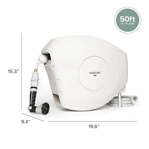 HOSELINK Beige 50ft Hi-Flow Automatic Retractable Garden Hose Reel, 9/16”, 8-Pattern Spray Nozzle, UV-Stabilized Kink-Free Hose, Wall Mounted Complete Watering Solution for Backyard, Garden & Outdoor thumbnail 2