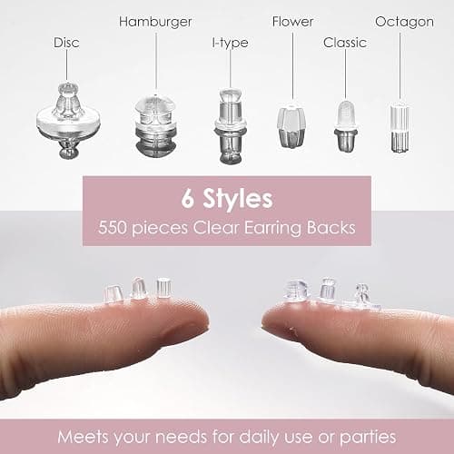 iBayam 550pcs 6 Style Silicone Earring Backs Studs Hoops Fishhooks | Soft, clear & hypoallergenic — 6 styles fit studs, posts, hoops & fishhooks, 550pcs, secure all-day hold, skin-friendly thumbnail 2