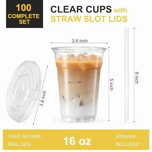 VITEVER [100 Sets - 16oz] Clear Plastic Cups with Lids and Straws, Disposable Iced Coffee Cups for Smoothie, Milkshake, Cold Drinks - BPA free thumbnail 3
