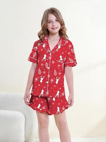 QZH.DUAO Girls Pajama Sets 100% Cotton Sleepwear Button Down Short Sleeve With Ruffle Shorts 2 Piece PJS 5-14 thumbnail 3