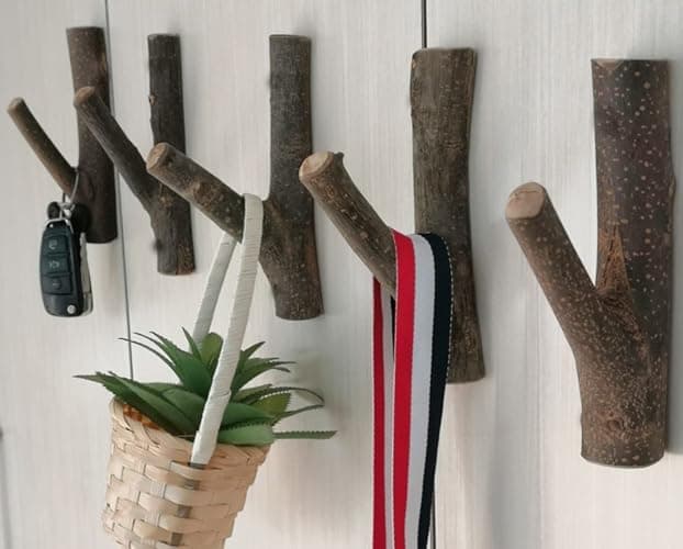 Tsnamay 8Pcs Real Wood Tree Branch Wall Hook, Farmhouse Rustic Decorative Wooden with Bark Trunk Thickness 2cm-3cm with Screw thumbnail 8