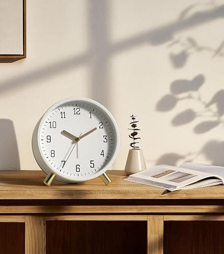 SHISEDECO Alarm Clock with Backlight, 4.5 inches Bedside Analog Non-Ticking Silent Small Deskclock with Arabic Numerals, Battery Operated Round Tableclock for Living Room, Bedroom (White) thumbnail 6