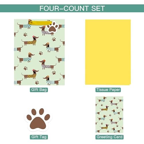 Loveinside Dachshund Gift Bag for Boys Girls, Cut Sausage Dog Dressed-Up Design with Paw Prints, Green Medium Gift Bag with Tissue Paper, Tag, Card for Birthday, Pet Party, 10" x 5" x 13", 1 Pcs thumbnail 7