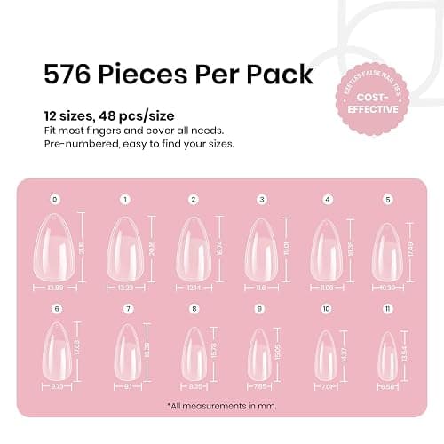 Beetles Gel Nail Tips 576Pcs Pre-Shape Short Almond Etch-X Nail Tips,12 Sizes Soft Acrylic False Tips Half Matte Full Cover Easy DIY Press On Nail Extensions Art Salon Gift Set for Women thumbnail 3