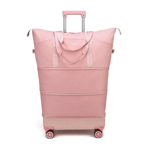 Rolling Duffle Bag with Wheels and Handle, Expandable Foldable Carry On Luggage with Removable Wheels, Personal Item Travel Bag, Lightweight Duffel Tote for Gym Hospital Weekender (Blush Pink) - Image 1