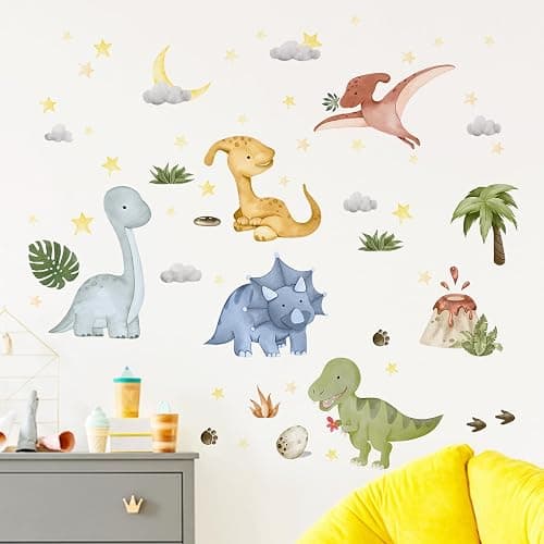 Yovkky Watercolor Baby Dinosaur Wall Decals Stickers, Dino Volcano Tropical Leaf Palm Tree Baby Boy Girl Room Nursery Decor, Cloud Moon Star Neutral Home Decorations Kid Bedroom Playroom Art thumbnail 4