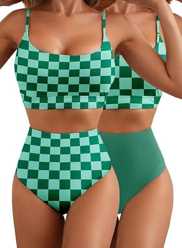 Herseas 2 Piece High Waisted Bikini Set for Women 2025 Spaghetti Straps Swim Top with Reversible Bottom Bathing Suit - Large - Green Checkerboard - Image 1