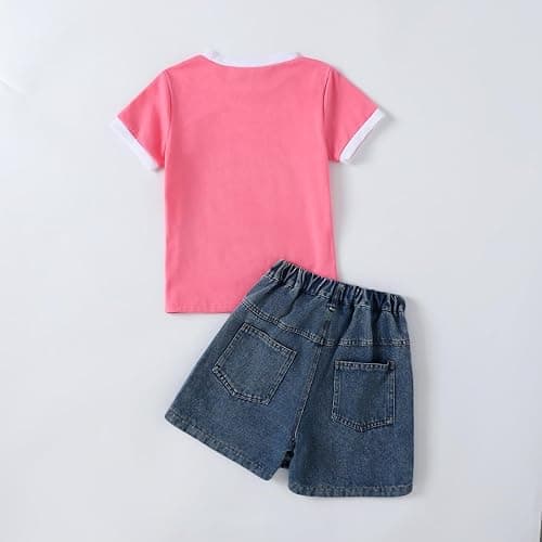 Voxikodex Girls Summer Clothes Butterfly Print Short Sleeve Tops and Denim Skirt Shorts Set Cute Outfits for Kids Girls 5-12Y thumbnail 2