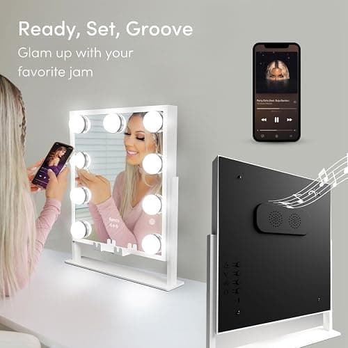 Fancii Vanity Mirror with Lights, BT Speaker, Wireless Charging - Detachable 10X Magnifying Mirror, 9 Hollywood Bulbs, LED Lighted Makeup Mirror with Phone Stand, 3 Color Modes, Adjustable Tilt thumbnail 3