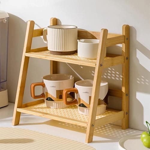 2 Tier Bamboo Coffee and Tea Station Organizer, Countertop Mug Holder, Cup Display and Condiment Rack, Kitchen Shelf for Cups, Matcha, and Accessories (Dark Brown) thumbnail 4