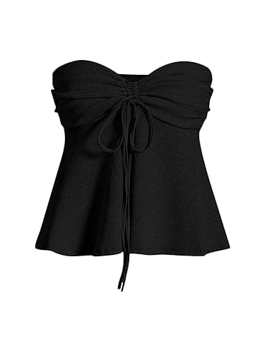 Milumia Women Tie Front Ruched Tube Top Strapless Flared Hem Peplum Bandeau Tops - Small - Black