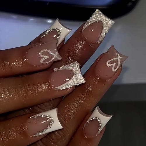White French Tip Press on Nails Duck Feet Shaped Medium With Rhinestone Designs Nude Pink Stick on Valentine Heart False Glue on Nails for Women Manicure Art - style 3 - Image 1