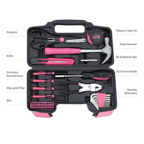 Hantinstom 39-Piece Household Tools Kit Essential Home Repair Set with Plastic Toolbox Ideal for College Students, Home Use & More - 39p-pink thumbnail 3