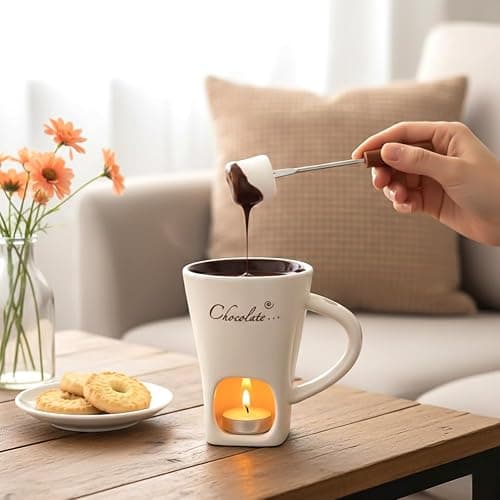 Fondue Pot Cup Set, Ceramic Chocolate Fondue Mug with Forks for Cheese | Mini Fondue Pot Chocolate Melting Cup Without Tealights for Marshmallows, Sweet for Date Night Party Wedding or Holiday Gift thumbnail 8