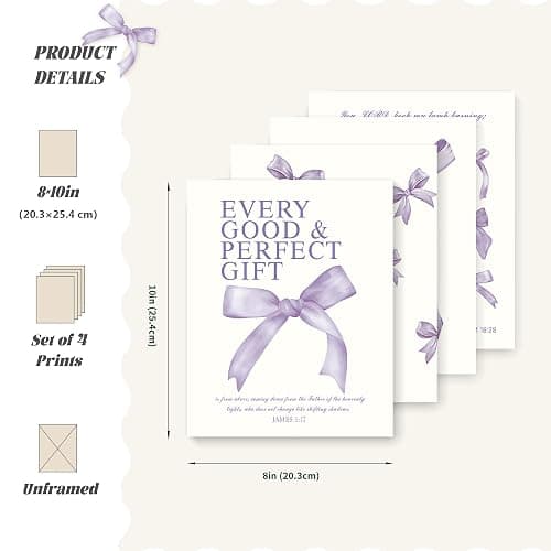 LARTSFRO Coquette Purple Bow Christian Wall Art Decor Posters, Purple Bow Room Bedroom Bathroom Dorm Wall Art Decor Aesthetic for College Teen Girls Gifts, Inspirational Bible Verses Bow Wall Decor, 10x8 Inch Set of 4 Pcs Bow Pictures (UNFRAMED) thumbnail 2